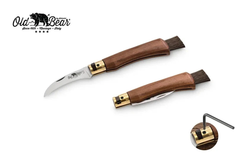 Old Bear gombaszedő kés kefével – diófa nyél, 6,8 cm